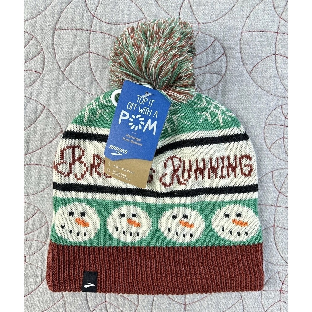 Brooks Run Merry Pom Beanie Green Snowman Winter Print / Men's One Size